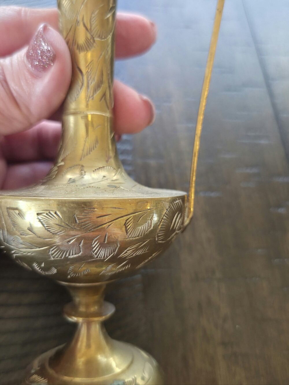 Vintage Etched Brass Pitcher India - Ornate Floral Footed Ewer Vase - Picture 6 of 12